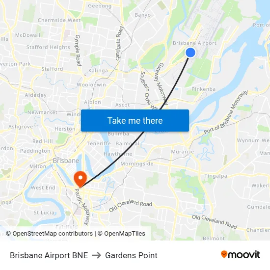 Brisbane Airport BNE to Gardens Point map