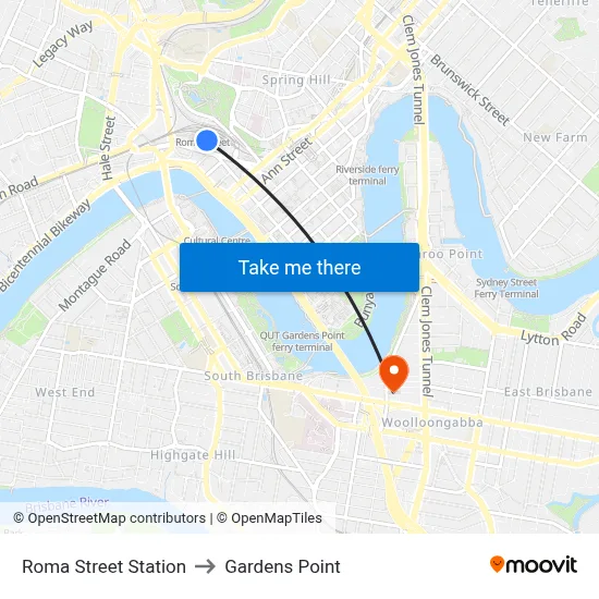 Roma Street Station to Gardens Point map
