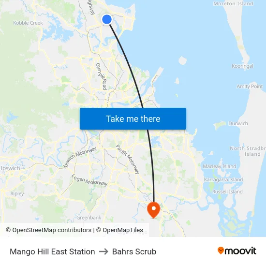 Mango Hill East Station to Bahrs Scrub map