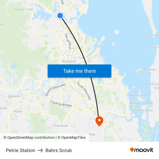Petrie Station to Bahrs Scrub map