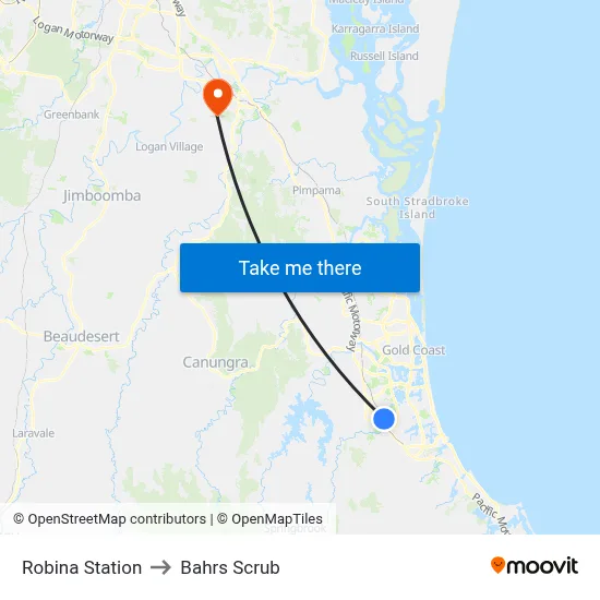 Robina Station to Bahrs Scrub map