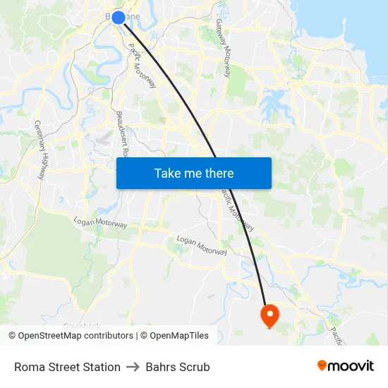Roma Street Station to Bahrs Scrub map