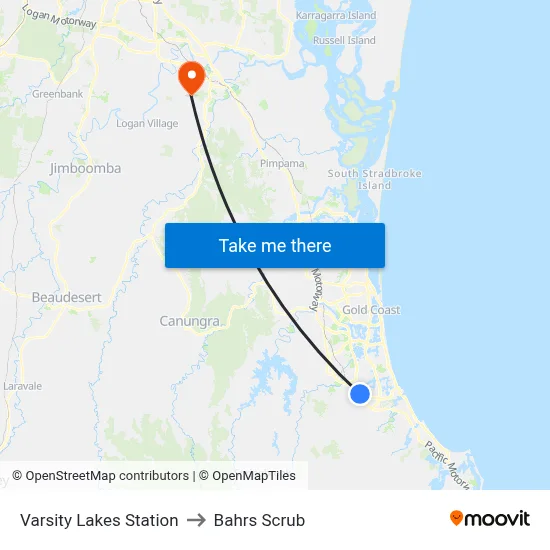 Varsity Lakes Station to Bahrs Scrub map