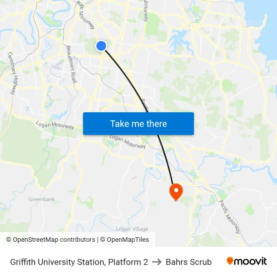 Griffith University Station, Platform 2 to Bahrs Scrub map
