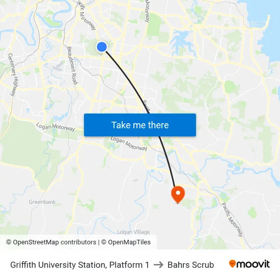 Griffith University Station, Platform 1 to Bahrs Scrub map
