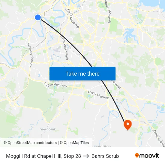 Moggill Rd at Chapel Hill, Stop 28 to Bahrs Scrub map