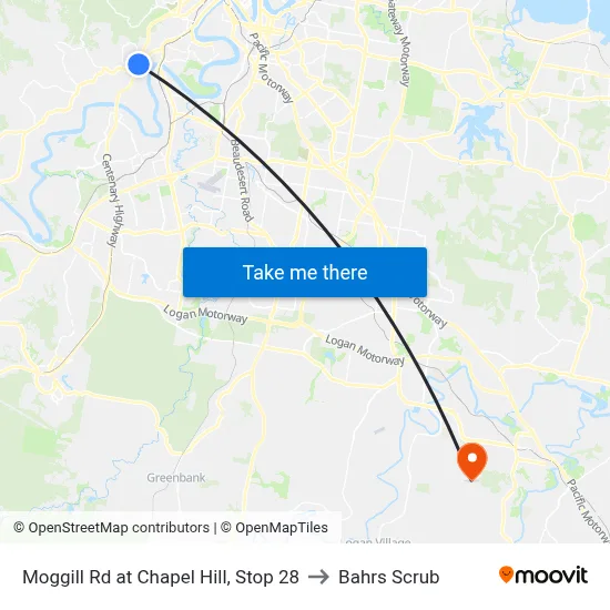 Moggill Rd at Chapel Hill, Stop 28 to Bahrs Scrub map