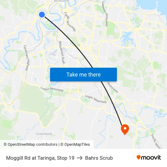Moggill Rd at Taringa, Stop 19 to Bahrs Scrub map
