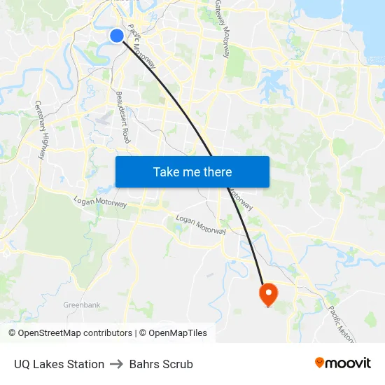 UQ Lakes Station to Bahrs Scrub map