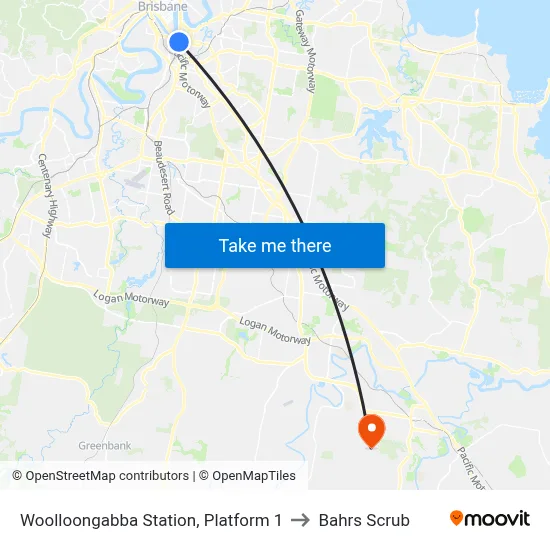 Woolloongabba Station, Platform 1 to Bahrs Scrub map