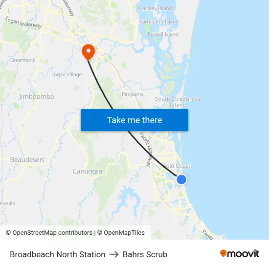 Broadbeach North Station to Bahrs Scrub map