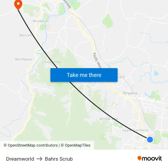 Dreamworld to Bahrs Scrub map