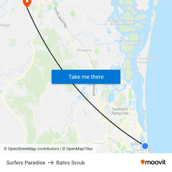 Surfers Paradise to Bahrs Scrub map
