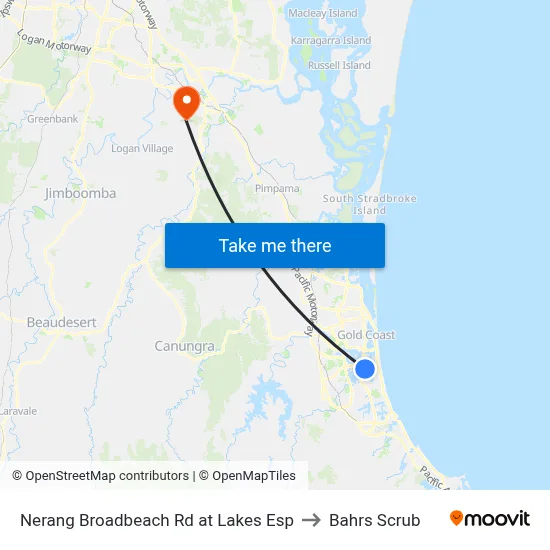 Nerang Broadbeach Rd at Lakes Esp to Bahrs Scrub map
