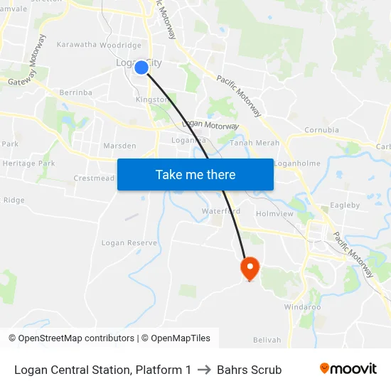 Logan Central Station, Platform 1 to Bahrs Scrub map