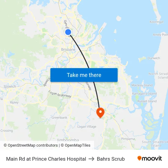 Main Rd at Prince Charles Hospital to Bahrs Scrub map