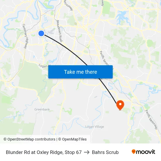 Blunder Rd at Oxley Ridge, Stop 67 to Bahrs Scrub map