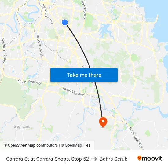 Carrara St at Carrara Shops, Stop 52 to Bahrs Scrub map