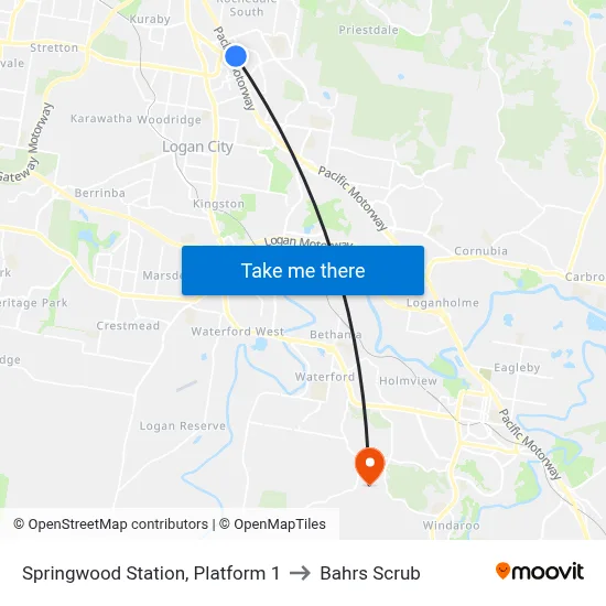 Springwood Station, Platform 1 to Bahrs Scrub map