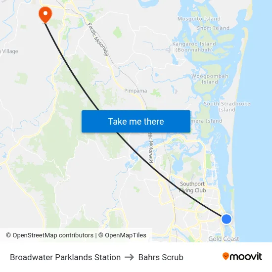 Broadwater Parklands Station to Bahrs Scrub map