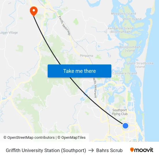 Griffith University Station (Southport) to Bahrs Scrub map