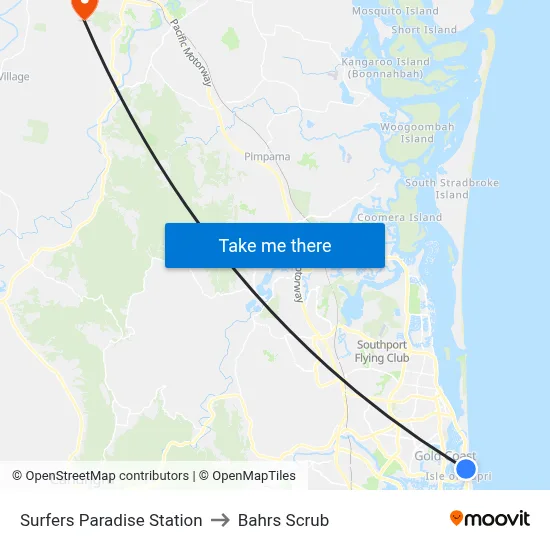 Surfers Paradise Station to Bahrs Scrub map