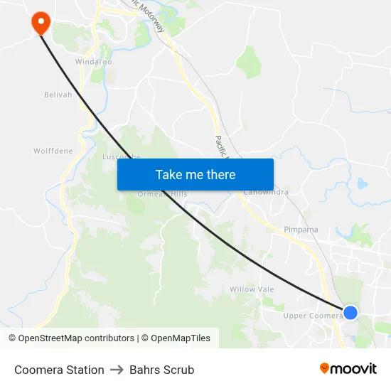 Coomera Station to Bahrs Scrub map