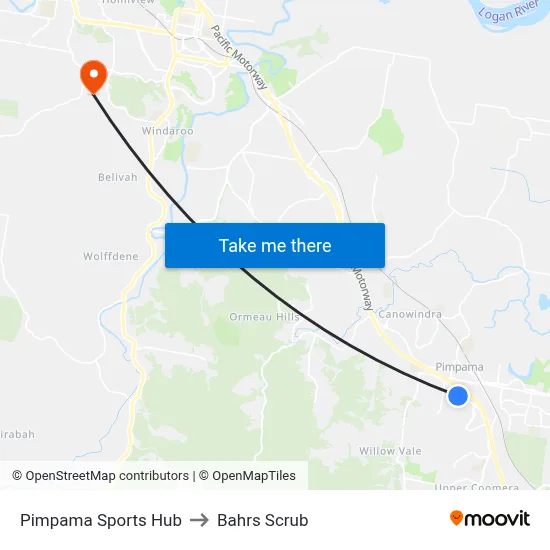 Pimpama Sports Hub to Bahrs Scrub map