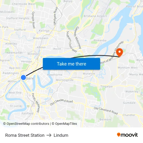 Roma Street Station to Lindum map