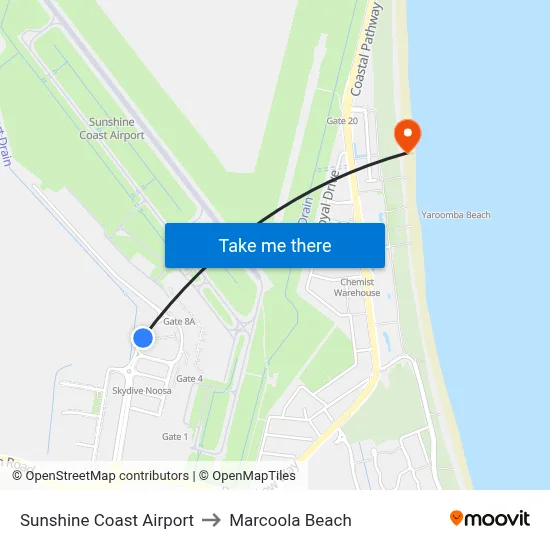 Sunshine Coast Airport to Marcoola Beach map