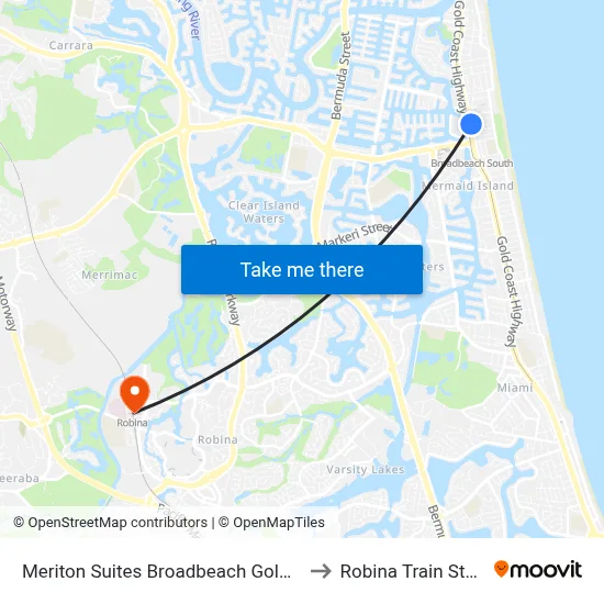 Meriton Suites Broadbeach Gold Coast to Robina Train Station map