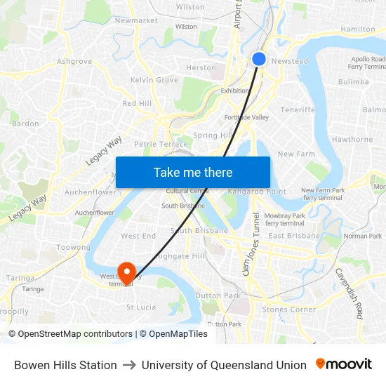 Bowen Hills Station to University of Queensland Union map