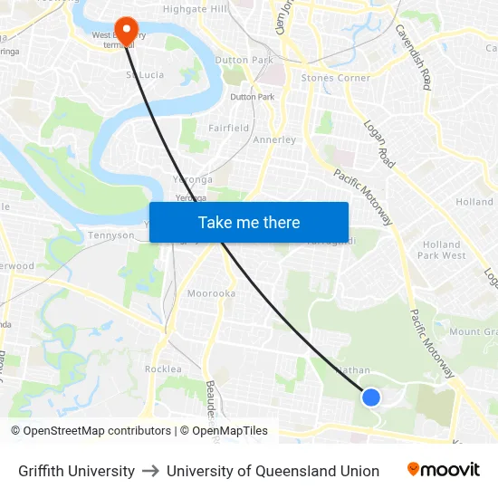 Griffith University to University of Queensland Union map