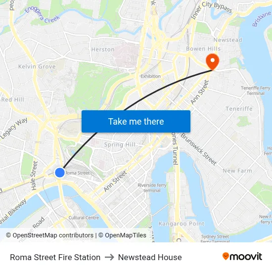 Roma Street Fire Station to Newstead House map