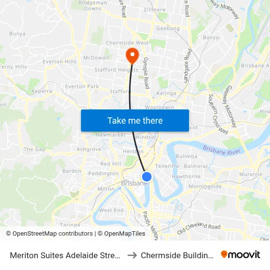 Meriton Suites Adelaide Street Brisbane to Chermside Building Centre map