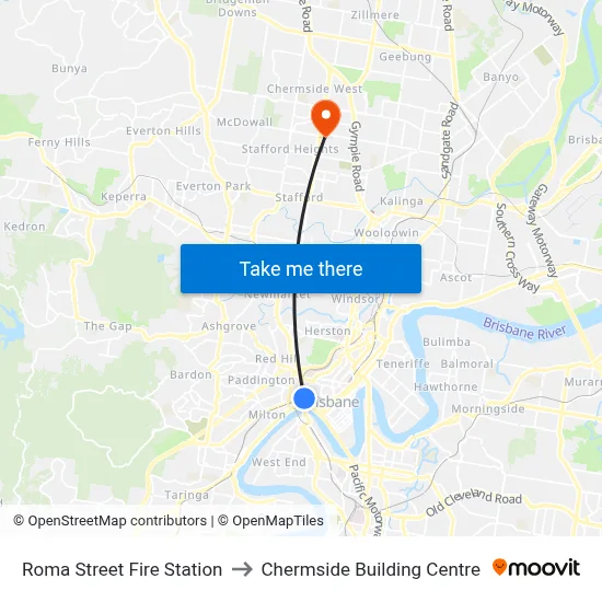 Roma Street Fire Station to Chermside Building Centre map