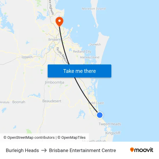 Burleigh Heads to Brisbane Entertainment Centre map