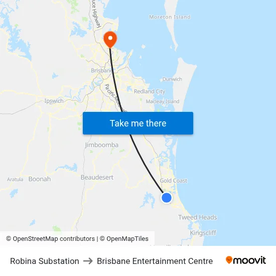 Robina Substation to Brisbane Entertainment Centre map