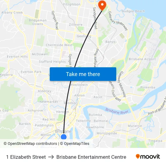 1 Elizabeth Street to Brisbane Entertainment Centre map