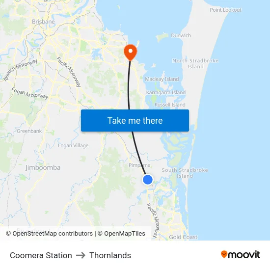 Coomera Station to Thornlands map