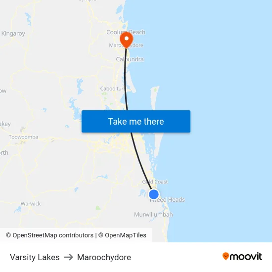 Varsity Lakes to Maroochydore map