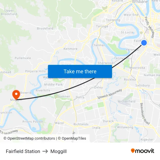 Fairfield Station to Moggill map