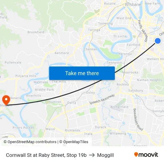Cornwall St at Raby Street, Stop 19b to Moggill map