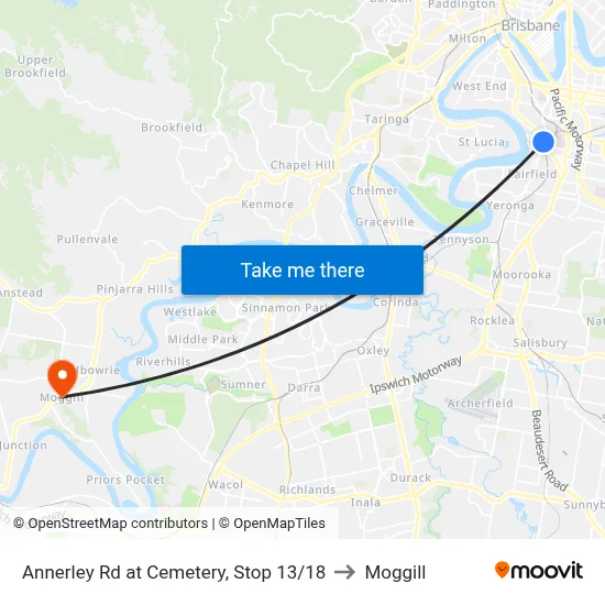 Annerley Rd at Cemetery, Stop 13/18 to Moggill map