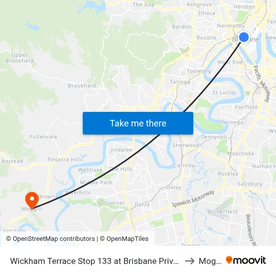 Wickham Terrace Stop 133 at Brisbane Private Hospital to Moggill map