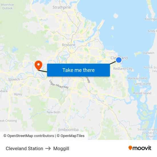 Cleveland Station to Moggill map