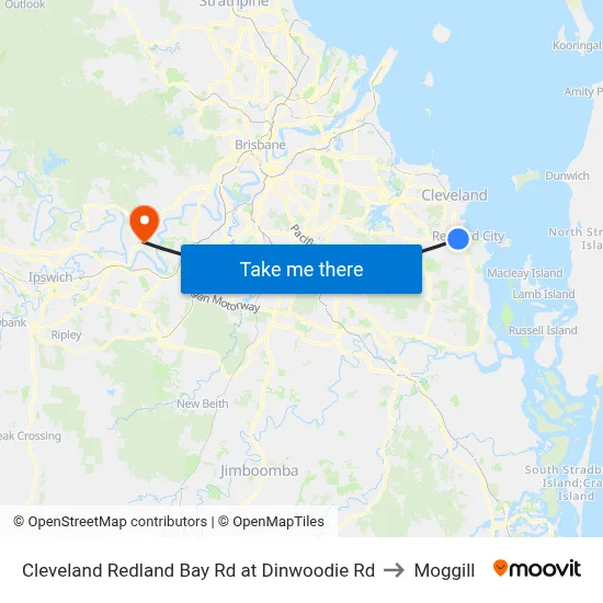 Cleveland Redland Bay Rd at Dinwoodie Rd to Moggill map