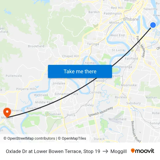 Oxlade Dr at Lower Bowen Terrace, Stop 19 to Moggill map