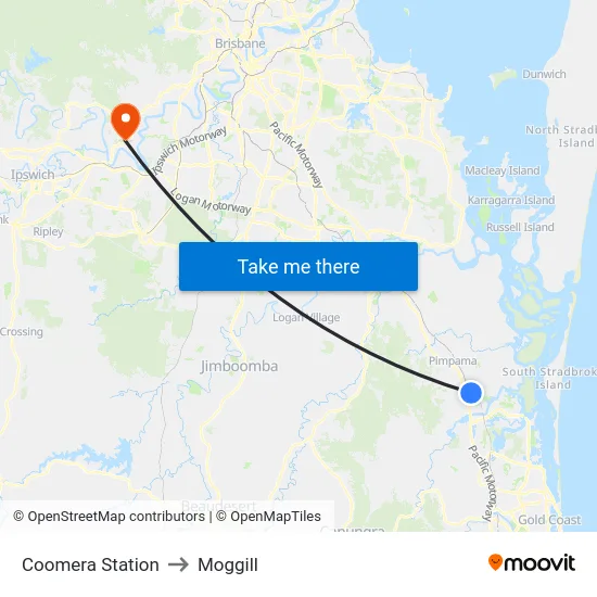 Coomera Station to Moggill map