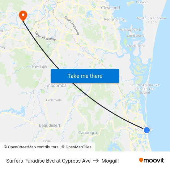 Surfers Paradise Bvd at Cypress Ave to Moggill map